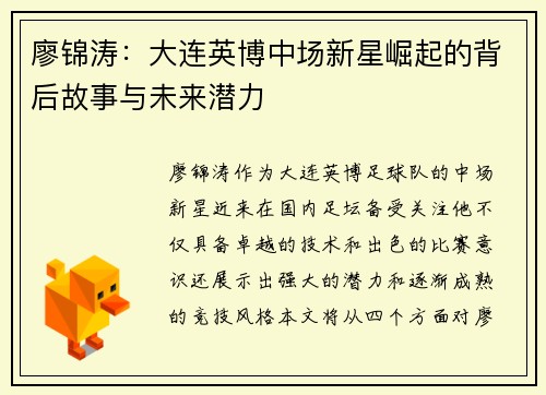 廖锦涛：大连英博中场新星崛起的背后故事与未来潜力