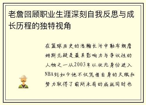 老詹回顾职业生涯深刻自我反思与成长历程的独特视角 老詹回顾职业生涯深刻自我反思与成长历程的独特视角