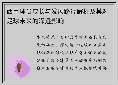 西甲球员成长与发展路径解析及其对足球未来的深远影响